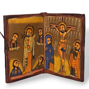 Vintage äthiopische Ikonenwand Ledertasche Handgemalt Christian Pergament Kunst