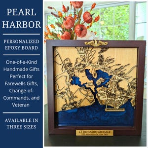 Mapa epoxi personalizado de Pearl Harbor, Hawái, regalo de despedida militar, regalo para veteranos, regalo de regreso a casa, regalo para cónyuge militar, diseño de Pearl Harbor, jefe de la marina