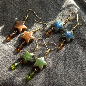 Ceramic Star Earrings, Earthy Brown / Green / Blue