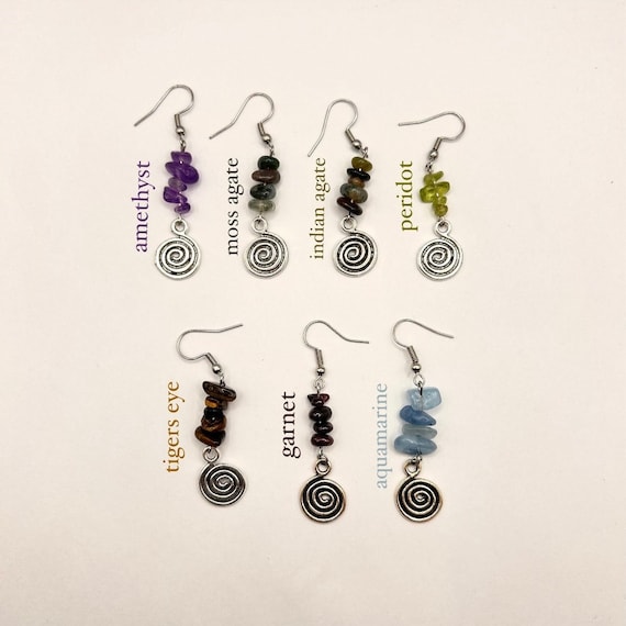 Crystal Silver Spiral Earrings, Tigers eye, Peridot, Labradorite, Amethyst, Indian Agate, Aquamarine, Garnet, Moss Agate
