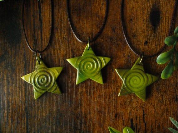 Earthy Spiral Star Necklace - Handmade Polymer Clay Star Pendant, Green and Brown Earthy Boho Necklace, Whimsigoth Jewelry, Spiral Jewelry