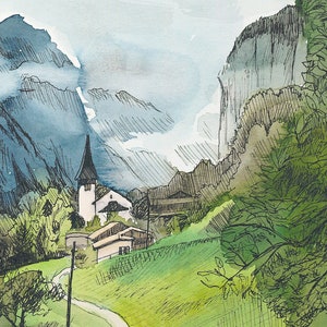 Lauterbrunnen Church Watercolor Print