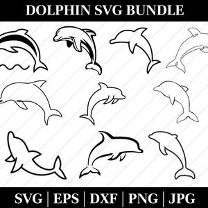 May include: A black and white Dolphin SVG Bundle with nine different dolphin designs. The designs include dolphins jumping, swimming, and outlined silhouettes. The text "DOLPHIN SVG BUNDLE" is at the top. File types include SVG, EPS, DXF, PNG, and JPG.