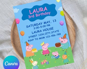 Peppa Pig Birthday Invitation: Girl Pig Theme Party (Digital Download)