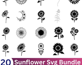 SVG-bundel met zonnebloemen, bloemen snijbestanden, commercieel gebruik (digitale download)