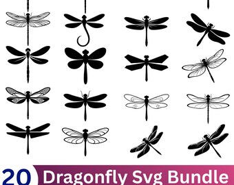 Paquete SVG de libélulas: imágenes prediseñadas vectoriales de insectos, archivos de silueta recortados (descarga digital)