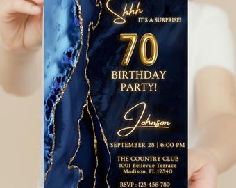 70th Birthday Invitation Template, Navy Marble Gold Surprise Party (Digital Invite)