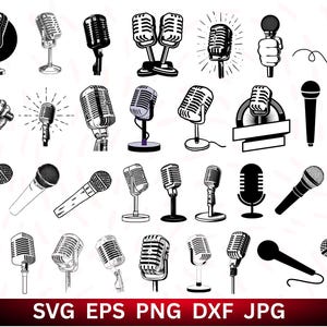 Puede incluir: Una colección de ilustraciones de micrófonos vintage en varios estilos. La imagen presenta una variedad de diseños, incluyendo micrófonos dinámicos clásicos, micrófonos de mano y micrófonos de estudio. La imagen incluye el texto "SVG EPS PNG DXF JPG".
