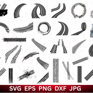 May include: A collection of black tire track designs in various shapes and patterns. Includes curved, straight, and circular track marks, along with a tire graphic. The bottom of the image displays the text "SVG EPS PNG DXF JPG".