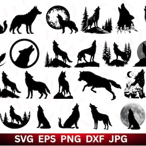 May include: A selection of black wolf silhouettes in different poses, such as howling, standing, and running. Some designs feature trees, moons, and mountain scenes. The bottom of the image shows the text "SVG EPS PNG DXF JPG".