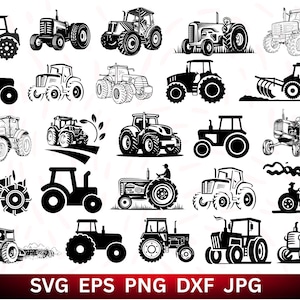 Puede incluir: Una colección de ilustraciones de tractores en blanco y negro en varios estilos. La imagen incluye diferentes diseños de tractores, desde clásicos hasta modernos, adecuados para proyectos agrícolas o temáticos de granjas. La parte inferior de la imagen muestra el texto "SVG EPS PNG DXF JPG".