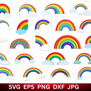 Puede incluir: Una colección de ilustraciones de arcoíris coloridos en varios estilos. Cada arcoíris presenta un espectro de colores, a menudo emparejado con nubes blancas y esponjosas. La imagen incluye el texto "SVG EPS PNG DXF JPG" en la parte inferior.