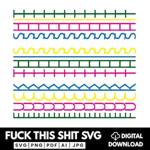 May include: A digital download graphic with colorful, repeating border designs in green, yellow, pink, and blue. The text "FUCK THIS SHIT SVG" is at the bottom, along with file type icons and a digital download icon.
