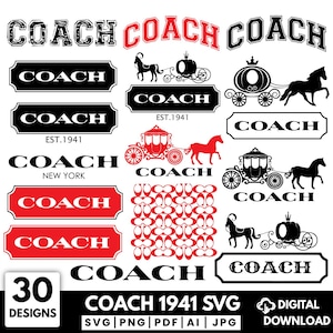 Puede incluir: Una colección de 30 diseños de Coach en varios estilos. Los diseños incluyen el logotipo de Coach en negro y rojo, ilustraciones de carruajes y caballos, y el texto "Coach 1941 SVG". La imagen también incluye el texto "Descarga digital".