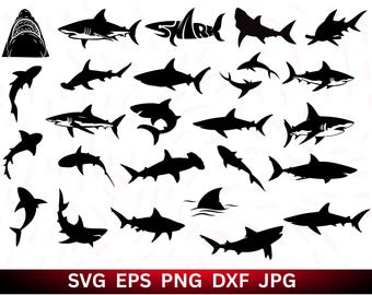Paquete SVG de tiburón, silueta (descarga instantánea)