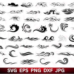 Könnte beinhalten: Eine Sammlung schwarzer Wellenmuster in verschiedenen Stilen. Das Bild zeigt zahlreiche Wellenillustrationen, darunter stilisierte Kämme, Locken und fließende Linien. Der untere Teil des Bildes zeigt den Text "SVG EPS PNG DXF JPG".
