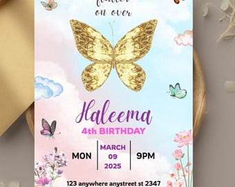 Butterfly Birthday Invitation: Purple Floral Canva Template (Digital Download)