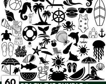 Pacchetto SVG di vita costiera sulla spiaggia, scarabocchi estivi sull'oceano (download digitale)