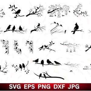 May include: A selection of black silhouette designs featuring birds and branches. The designs include birds perched on branches, some with leaves, and others with birdcages. The bottom of the image displays the file types: SVG EPS PNG DXF JPG.