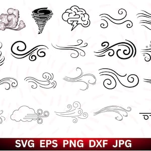Puede incluir: Una colección de ilustraciones en blanco y negro con temática meteorológica. Incluye un tornado, nubes, ráfagas de viento y un cerebro con un rayo. La parte inferior de la imagen muestra el texto "SVG EPS PNG DXF JPG".