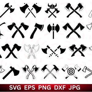 May include: A selection of black and white axe illustrations in different styles. Some axes are crossed, others are single, and some feature Viking helmet details. The image includes the text "SVG EPS PNG DXF JPG" at the bottom.
