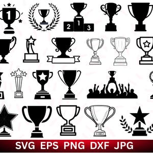 Puede incluir: Una colección de ilustraciones de trofeos y premios en blanco y negro. Los diseños incluyen copas de trofeo clásicas, premios en forma de estrella y un trofeo en un podio. La imagen también incluye el texto "SVG EPS PNG DXF JPG".