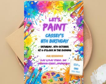Editable Painting Party Invitation, Pastel Rainbow Art Party (Canva Template)
