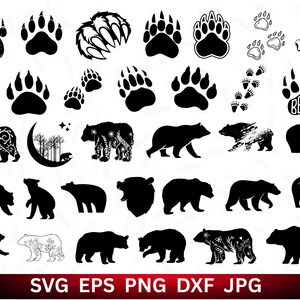 Puede incluir: Una colección de gráficos con temática de oso negro, que incluyen siluetas de osos, huellas de patas y marcas de garras. Algunos osos están decorados con patrones florales. La palabra "BEARS" aparece en una huella de pata. La imagen también incluye notaciones de tipo de archivo.