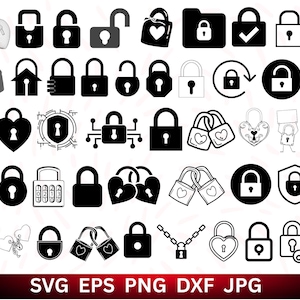 May include: Collection of various lock illustrations in black and white. Includes padlocks, heart-shaped locks, combination locks, and locks with keys. The image also contains the text "SVG EPS PNG DXF JPG".