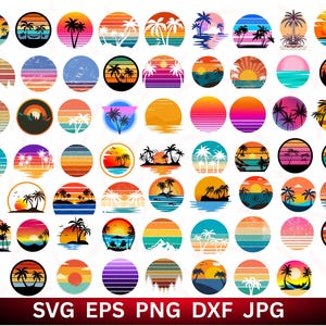 Puede incluir: Colección de diseños retro de atardeceres en forma circular. Cada diseño presenta una puesta de sol con palmeras, montañas o escenas oceánicas. Las paletas de colores incluyen degradados de naranja, rosa, azul y morado. La parte inferior de la imagen incluye el texto "SVG EPS PNG DXF JPG".