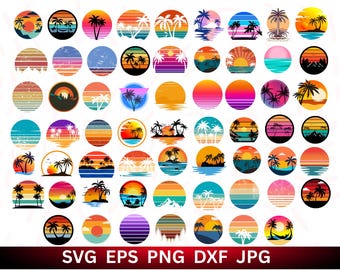 Retro Sunset SVG: Beach Scene Clipart, Palm Tree Design (Digital Download)