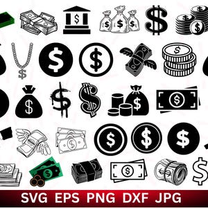 May include: A selection of black and white money-themed graphics, featuring stacks of banknotes, coins, money bags, and dollar signs. Some graphics have a 3D effect. The image also includes the text "SVG EPS PNG DXF JPG".