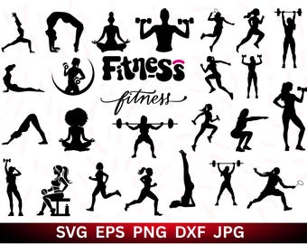 SVG-bundel vrouwenfitness: yoga, silhouetten, illustraties (digitale download)