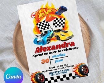 Hot Wheels Birthday Invitation: Race Car Party, Editable Canva Template (Digital Download, 5x7 inches)