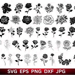 May include: A selection of black and white rose illustrations. The image features detailed line drawings and solid silhouettes of roses, rosebuds, and rose arrangements. The bottom of the image displays the text "SVG EPS PNG DXF JPG".
