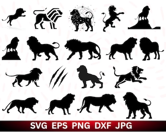 May include: A collection of black lion silhouettes in various poses, including walking, leaping, and standing. Some designs feature intricate details, while others are more minimalist. The image also includes claw marks and file type abbreviations.