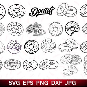 May include: Black and white line art illustration of various donuts. Some donuts have sprinkles, others have frosting, and some are bitten. The word "Donuts" is written in a script font. The bottom of the image has the text "SVG EPS PNG DXF JPG".