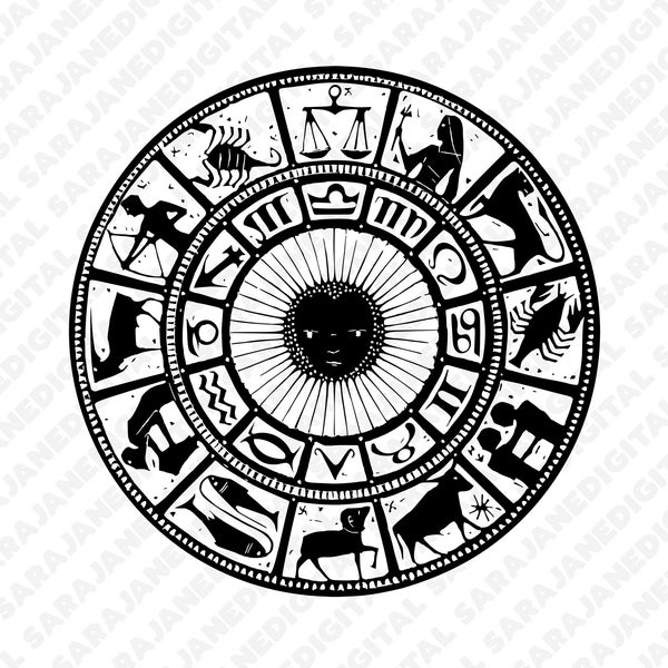 Zodiac wheel astrology astronomy PNG SVG, vintage illustration, clip art, hand drawn, Vector, Transparent Background