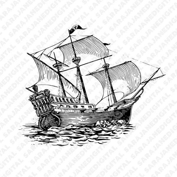 Voilier galion bateau océanique pirate PNG SVG, illustration vintage, clip art, dessiné à la main, vecteur, fond transparent