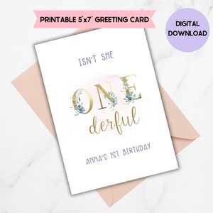 Benutzerdefinierte erste Geburtstag Namenskarte, eins, erste, personalisierte Geburtstagskarte, kleine Mädchen-Geburtstagskarte, Grußkarte, digitaler Download