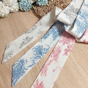 Bandeau cheveux femme, écharpe, foulard toile de jouy pastoral, ruban à cheveux ou pour sac, arcs, nœud, cadeau écologique français provence
