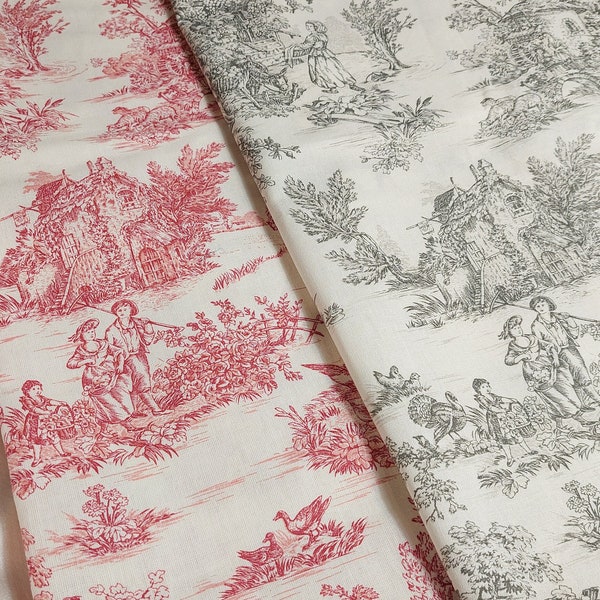 Tissu Toile de Jouy 100% coton imprimé coupon bleu rouge gris, ensemble pour la créativité couture DIY fait main