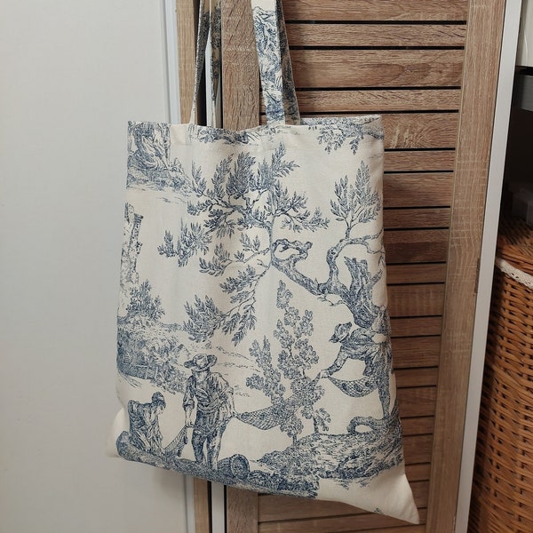 Sac tote bag coton Toile de jouy blue sur crème, sac cabas, Sac fourre-tout 100% coton, motif toile de jouy