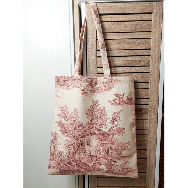 Sac tote bag coton Toile de jouy rouge sur crème, sac cabas, Sac fourre-tout 100% coton, motif toile de jouy pastoral, rouge sur crème