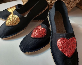 Designer espadrilles with glitter hearts