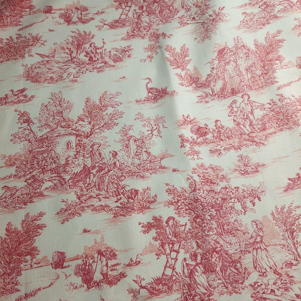 Tissu motif Toile de jouy pastoral provence 100% coton imprimé rouge coupon, popeline tissu par mètre