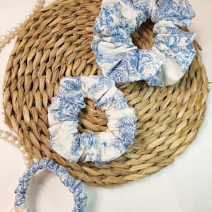 Scrunchie de algodão Toile de jouy padrão pastoral rosa azul cinza presente francês provença magro