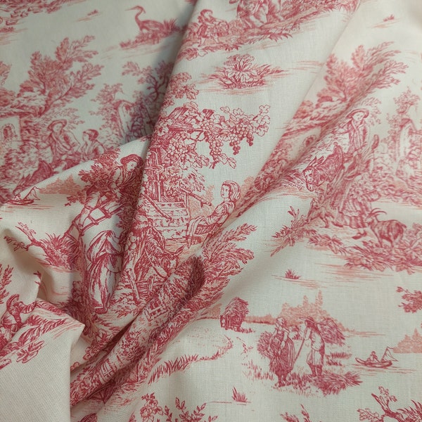 Tissu motif Toile de jouy pastoral provence 100% coton imprimé rouge coupon, popeline tissu par mètre