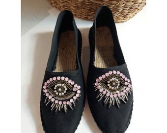 Espadrilles naturel coton et jute avec mauvais yeux de strass