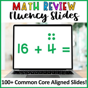 May include: A laptop screen displaying a math problem: 16 + 4 =. The problem is part of a set of 100+ Common Core Aligned Fluency Slides for math review.
